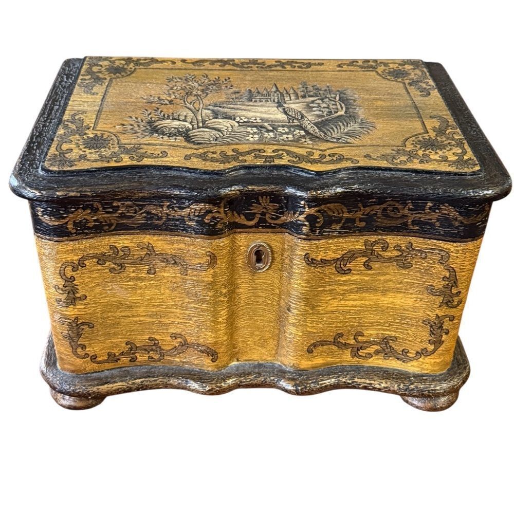 Rare John Richard Carved Ornate Style Wooden Peacock Landscape Box Gold Brown
